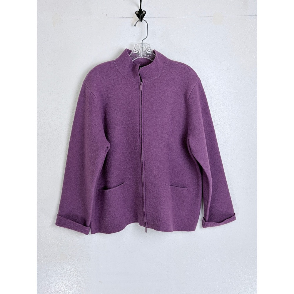 Eileen Fisher 100% Boiled Wool Jacket Purple Full Zip Mock Neck Petite PL